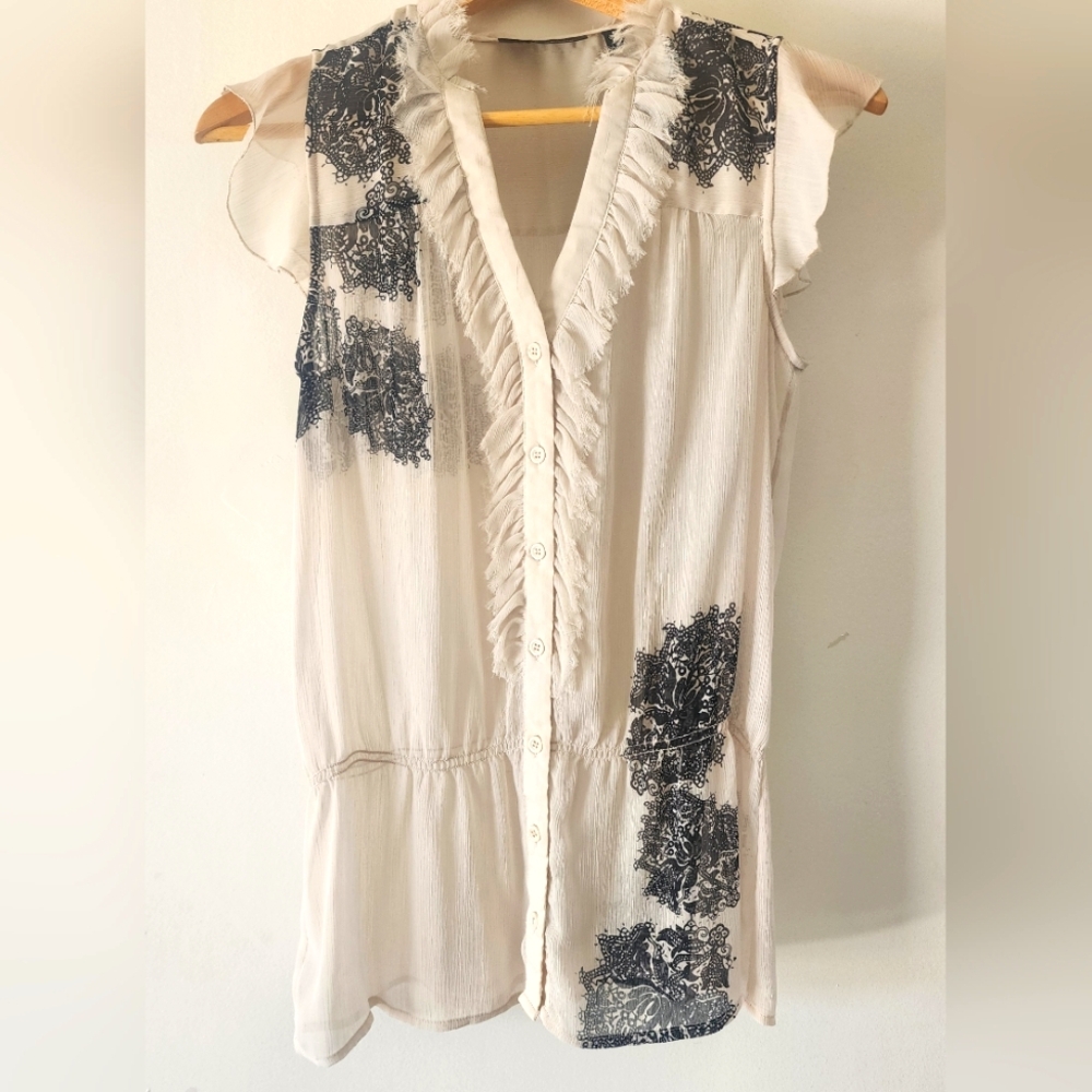 INC Sleeveless V-Neck Blouse Button Up Size 2 Tan/Black